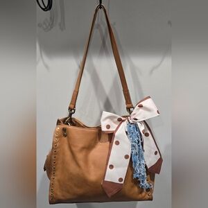 American Leather Co. Lenox Studded Triple Entry Leather Satchel In Nutmeg/Brass